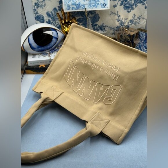 🆕 GANNI 🧿 NWOT Large Easy Shopper Tote Bag, Beige Canvas & Beige Embroidery - Picture 10 of 14